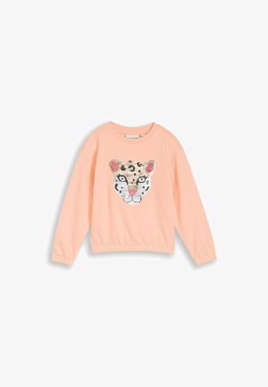 Hellrosa langärmliges Sweatshirt mit einem Pailletten-Leopardenkopf-Design in Beige, Weiß, Schwarz und Pink auf der vorderen Mitte.