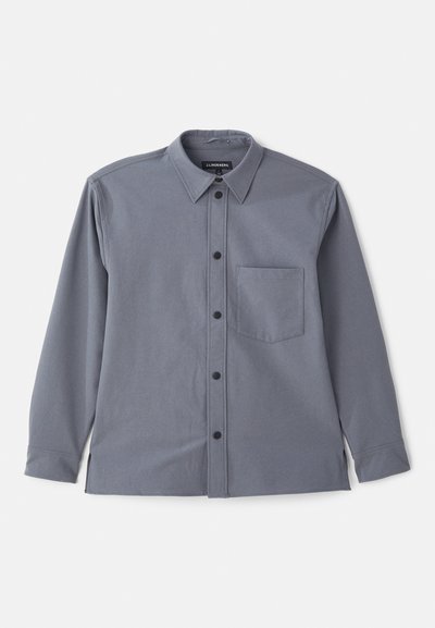 Gray long-sleeve shirt with a button-down collar, chest pocket, and black buttons. Made of smooth fabric with a subtle texture.