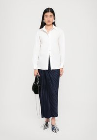 Cămașă albă cu un croi structurat, asociată cu o fustă plisată bleumarin și pantofi argintii cu vârf ascuțit. O geantă mică negre finalizează look-ul.