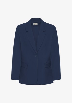 Tumesinine pintsak, valmistatud siledast kangast, millel on üksainsa nupuga kinnis, sälgukrae ja kaks esitaskut. Lihtne ja struktureeritud disain.