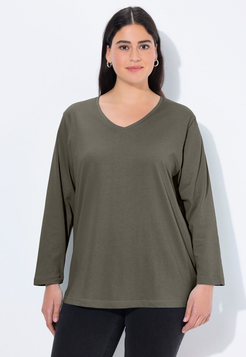 Olive green long-sleeve V-neck t-shirt made of soft fabric, featuring a relaxed fit with a straight hem and minimal stitching details.