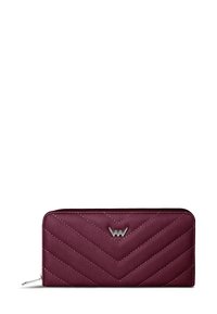 Burgundy leather wallet with chevron quilted design, silver hardware logo, zip closure, and smooth texture. Measures approximately 7 inches wide.