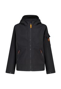 Black softshell jacket with a hood, front zipper, two zippered pockets, and an accent pocket on the sleeve. Features orange hardware details.