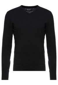 Schwarzer V-Ausschnitt-Pullover mit langen Ärmeln, aus weichem Strickstoff mit gerippten Bündchen und Saum. Glatte Textur, minimalistisches Design ohne Muster.