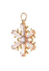 Arany színű hópehely medál átlátszó, téglalap és kerek kristályokkal, fényes felülettel, mely kiemeli a különleges ágazati részleteket.