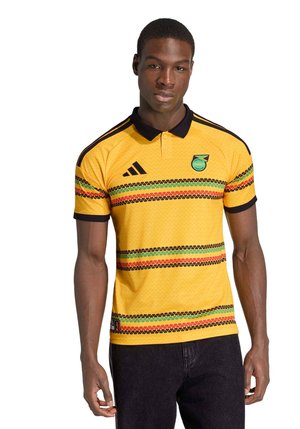 Jauns vīrietis, kas valkā dzeltenu polo kreklu ar melnu apkakli un daudzkrāsainām horizontālām svītrām, stāvot pret balto fonu.