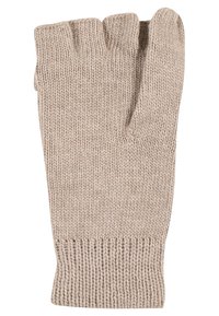 Light brown fingerless glove made of knitted fabric, featuring a ribbed cuff and three exposed fingers for dexterity.