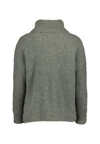 Grauer, gerippter Pullover mit hohem, umgeschlagenem Kragen und locker sitzenden Ärmeln. Strukturierter Strickmuster auf der gesamten Fläche, einfarbig.