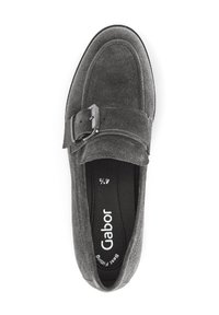Gray suede shoe with a rounded toe and a decorative buckle on the strap. Soft texture and cushioned insole with "Gabor" branding.