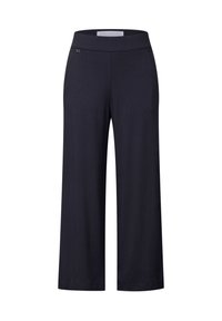 Pantaloni a gamba larga color navy realizzati in tessuto morbido, con una cintura liscia e tasche per un utilizzo pratico. Design semplice e pulito, senza fantasie.