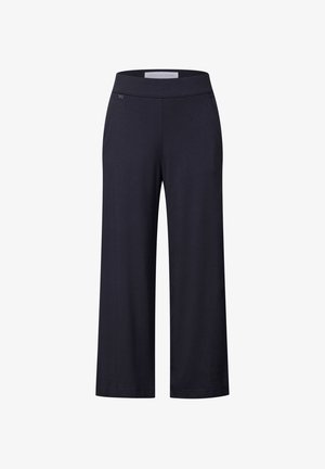 Pantalones de pierna ancha en color navy, confeccionados en tela suave, con una cinturilla lisa y bolsillos para un uso práctico. Diseño simple y limpio, sin patrones.