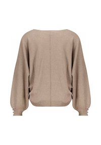 Pull en tricot beige avec un large col, de longues manches amples et des boutons sur le côté. Présente un motif en rib à texture sur toute sa surface.