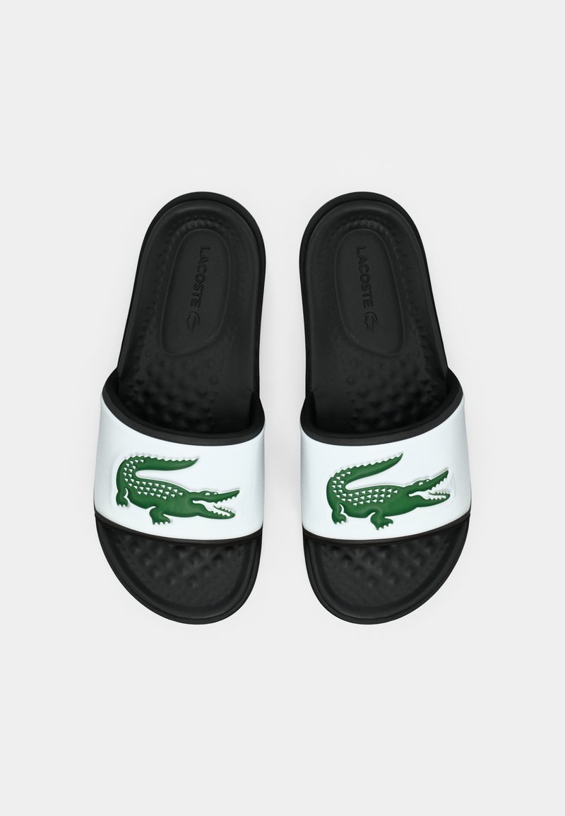 Sandales noires à glissière avec des brides blanches arborant des logos de crocodile verts, semelles texturées et une marque Lacoste à l'intérieur.
