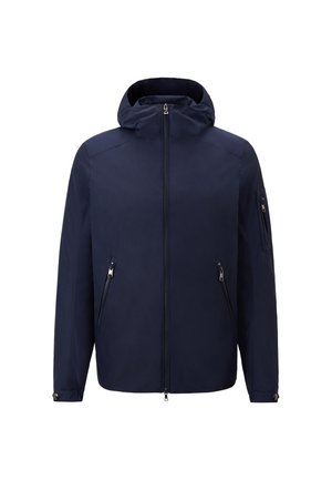 Navy water-resistant jacket with a hood, zip front, and zippered pockets. Features smooth texture and adjustable cuffs for a secure fit.