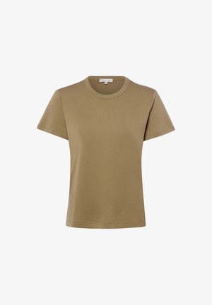 Kurzärmliges, rundhalsiges, olivgrünes Basic-T-Shirt aus Baumwolle, präsentiert vor weißem Hintergrund.