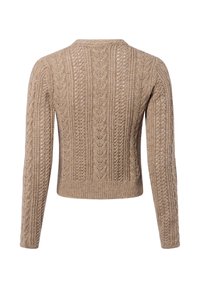 Sweter w warkoczowym splocie, beżowy z teksturowanym wzorem, z okrągłym dekoltem, długimi rękawami i skróconą długością, z ściągaczami na mankietach i dolnej krawędzi.