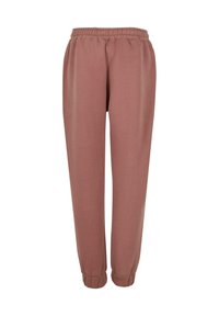 Pantalones jogger de mezcla de algodón en color rosa empolvado, que cuentan con una cinturilla elástica, dobladillos ajustados y un corte holgado. Textura suave sin patrones.