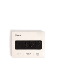 Ensemble culotte en coton noir, trois pièces, avec de subtils accents de nœuds. Emballé dans une boîte blanche avec les détails du produit et des illustrations.