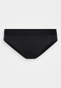 Zwarte katoenen bikini-ondergoed met een soepele textuur en een brede elastische tailleband met reliëftekst "Organic Basics."