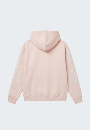 Felpa rosa chiaro con cappuccio vista da dietro con delicato ricamo floreale bianco su entrambe le maniche.