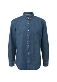 Donkerblauwe denimshirt met een button-down kraag. Voorzien van een voorflap met witte knopen en een klein logo op de borst. Lange mouwen.