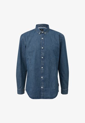 Granatowa koszula dżinsowa z kołnierzykiem zapinanym na guziki. Posiada przednią listwę z białymi guzikami oraz małe logo na piersi. Długie rękawy.