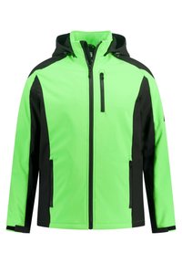 Green and black zip-up jacket with a hood. Features side pockets, a chest pocket, and contrasting color panels. Smooth fabric texture.