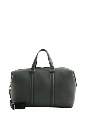 Sac de sport en cuir noir avec deux poignées et une sangle d'épaule réglable, présentant une surface texturée et un petit logo métallique près de la base.