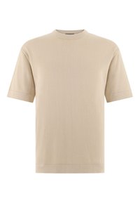 Pull en maille beige à manches courtes, col rond, ourlet droit et coupe décontractée.