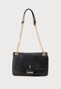 Black leather handbag with gold chain straps and a front flap featuring a small gold "Love Moschino" logo plaque.