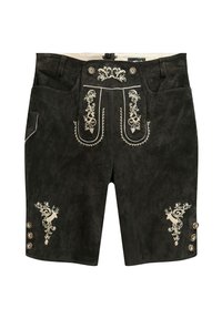 Svarta mockashorts med intrikat vit blommönsterbroderi, dekorativa knappar på sidorna och en klassisk, skräddarsydd passform.