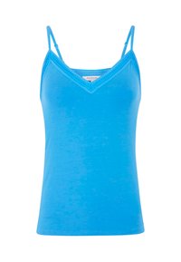 Camisole sans manches bleue avec fines bretelles, décolleté en V, bord texturé et finition lisse. Fabriqué en tissu doux, idéal pour le superposition.