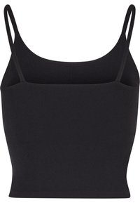 Top scurt negru cu bretele subțiri, realizat dintr-un material neted. Prezintă un decolteu drept și un design ajustat care ajunge până la talie.