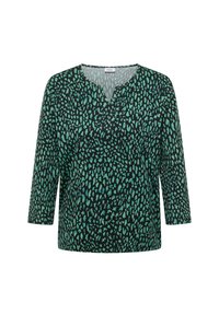 Top noir à manches longues avec un motif de points irréguliers verts, décolleté en V et coupe ample.