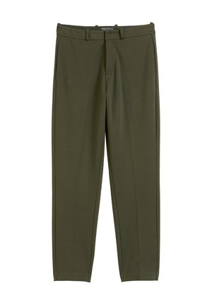 Olive green trousers in a smooth fabric with a tailored fit, featuring belt loops and a crease down the front legs.