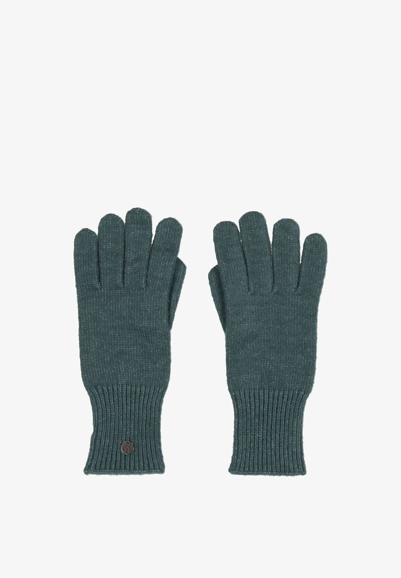 Gants tricotés d'une couleur teal atténuée, avec des poignets côtelés et un petit logo sur l'un des poignets. Texture douce, design à cinq doigts.