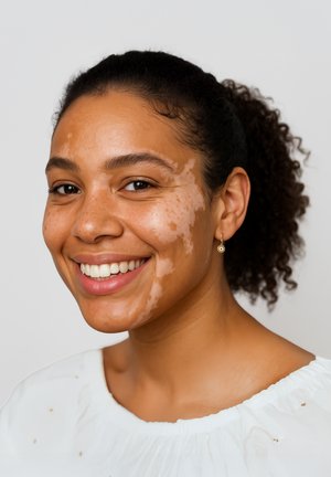 Porträtt av en leende person med lockigt hår och en lätt, strukturerad vit topp. Huden visar ett lätt mönster av vitiligo och fräknar.