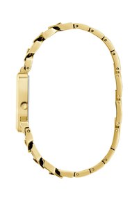 Gold-toned metal watch featuring a rectangular case, linked bracelet design, polished finish, and a side crown for adjusting time.