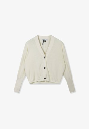 Kremowy kardigan z dzianiny z długimi rękawami, dekoltem w serek i trzema czarnymi guzikami z przodu, ułożony płasko na białym tle.