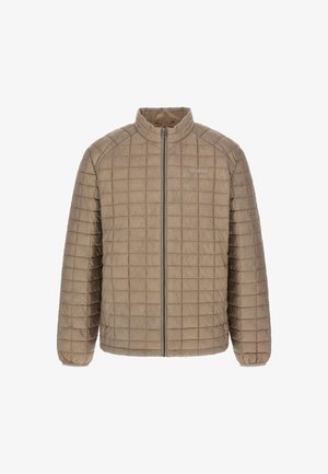 Voodi tikkimata beež jakk tõusva kraega, täielik esine tõmblukk ja õmmeldud ruudukujuline muster. Omab diskreetset logo rinnal.