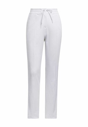 Pantalons de sport blancs avec une taille à cordon de serrage, des jambes droites et une texture lisse. Pas de poches ni de motifs visibles.