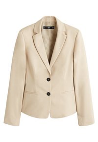 Beige blazer met een gladde stof, notch-revers, twee knopen en zijzakken. De binnenkant heeft een subtiel geruit patroon.