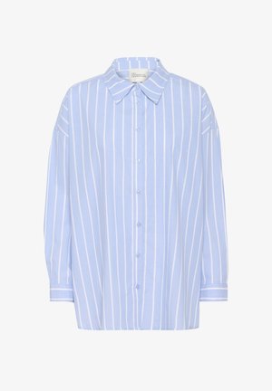Svetlo modra srajca z belimi navpičnimi črtami, z usnjenim ovratnikom, dolgimi rokavi in sproščenim krojem. Mehka bombažna tkanina.