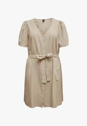 Beige kortærmet kjole med V-hals, knappelukning foran, puffede skuldre og bindebælte i taljen.