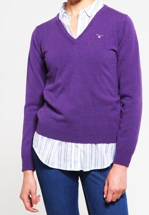 Personne portant un pull violet en V par-dessus une chemise blanche rayée avec un jean bleu, debout devant un fond blanc.