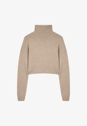 Maglione beige a cropped con colletto a costine e maniche lunghe. Materiale in maglia morbida, caratterizzato da un design semplice senza motivi visibili.