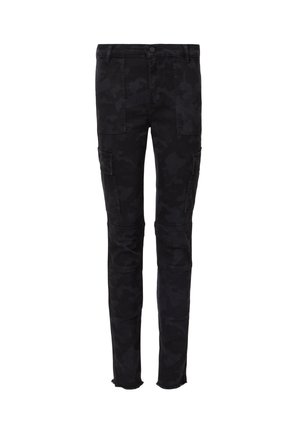 Zwarte camouflage cargo pants met meerdere zakken, slim fit, ritssluitingen bij de enkels en een licht versleten zoom. Gemaakt van denim.