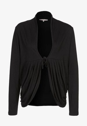 Cardigan nero a maniche lunghe con apertura frontale, tessuto arricciato e chiusura a fiocco sul petto, del marchio Anna Field, taglia 38.