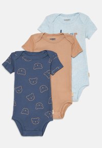 Tre body per neonati a manica corta a righe blu con facce di orso, marrone solido e azzurro chiaro con testo, esposti in modo piatto e sovrapposti.