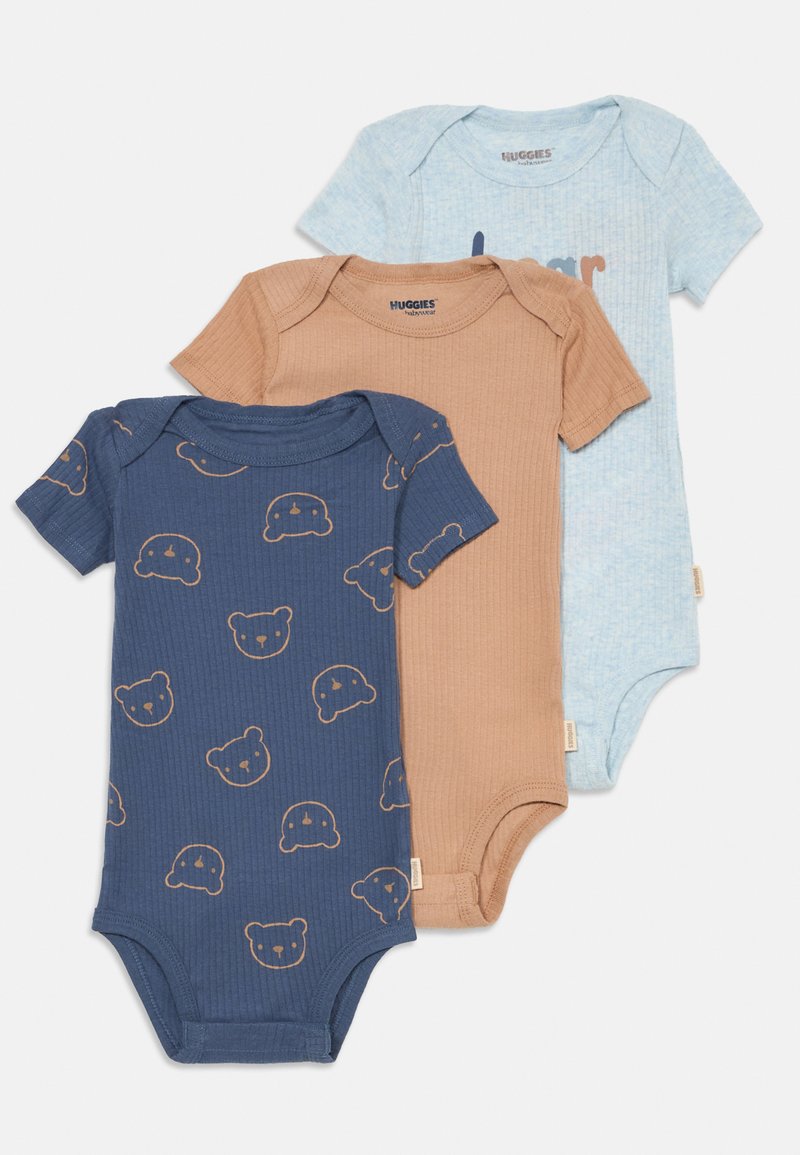 Tre body per neonati a manica corta a righe blu con facce di orso, marrone solido e azzurro chiaro con testo, esposti in modo piatto e sovrapposti.